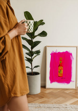 Cholula Hot Sauce kitchen art print by Caya Crum — framed with velvet mat