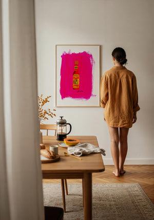 Cholula Hot Sauce kitchen art print by Caya Crum — framed with velvet mat