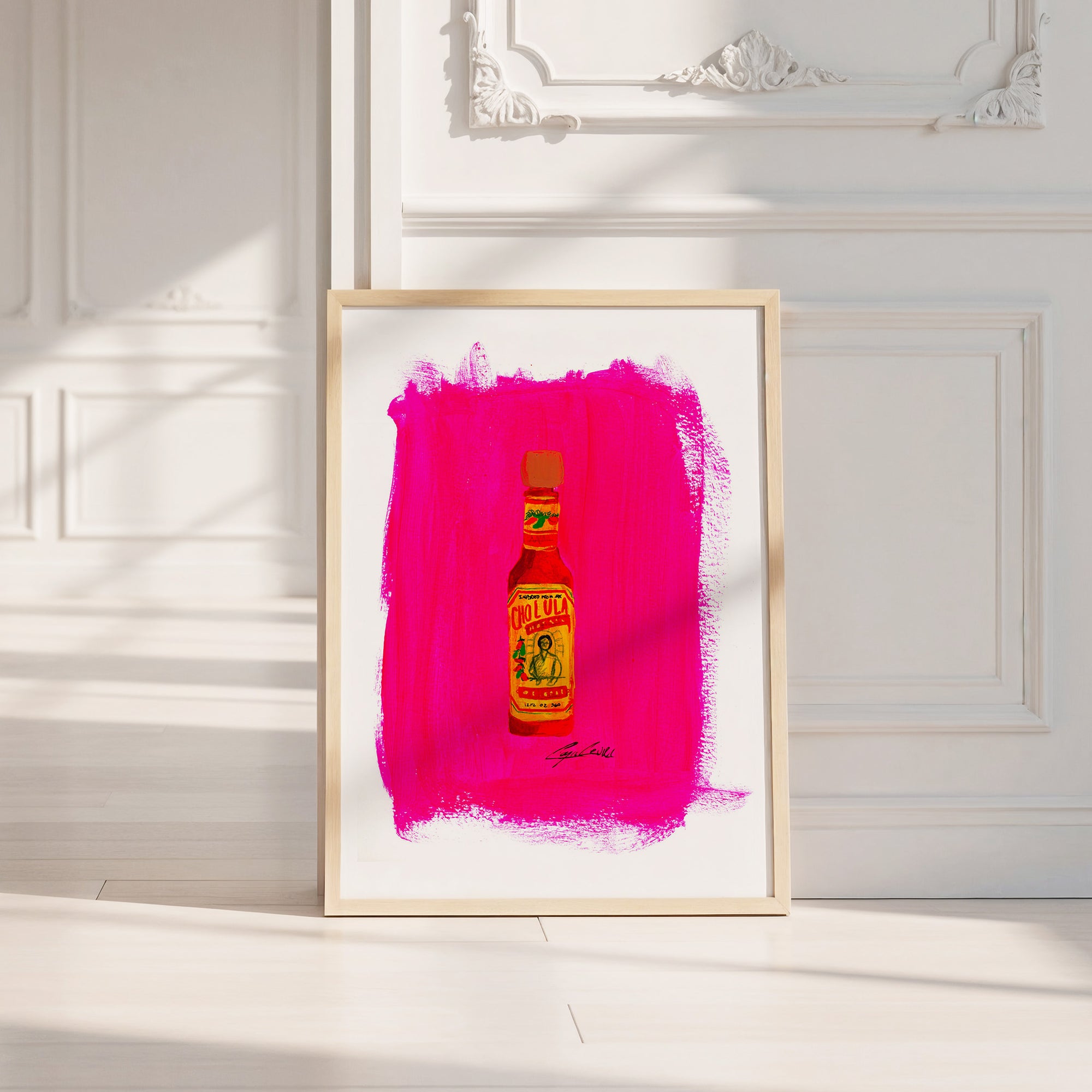 Cholula Hot Sauce kitchen art print by Caya Crum — neutral frame room mockup
