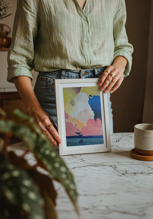Cosmic Cowboy UFO Desert cowboy art print by Caya Crum — neutral frame room mockup