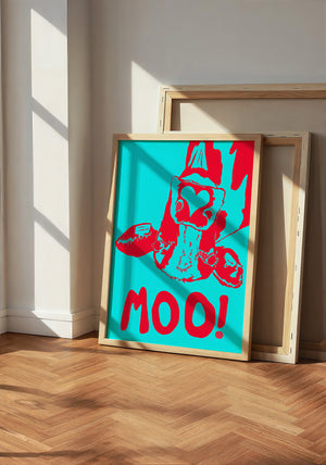 The Judy's Moo Cassette (blue and red) music wall art print by Betsy Crum — neutral frame room mockup