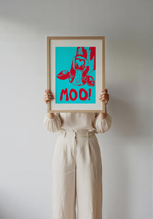 The Judy's Moo Cassette (blue and red) music wall art print by Betsy Crum — framed with velvet mat