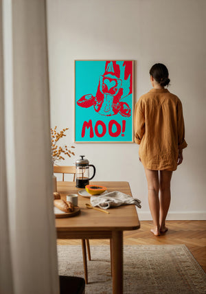 The Judy's Moo Cassette (blue and red) music wall art print by Betsy Crum — framed with velvet mat