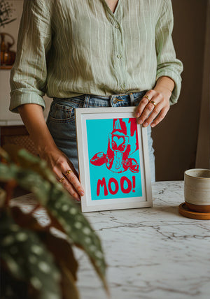The Judy's Moo Cassette (blue and red) music wall art print by Betsy Crum — neutral frame room mockup
