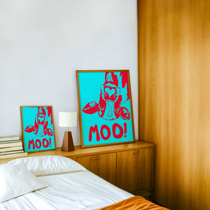The Judy's Moo Cassette (blue and red) music wall art print by Betsy Crum — framed in a wood-accent room