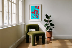 The Judy's Moo Cassette (blue and red) music wall art print by Betsy Crum — framed with velvet mat