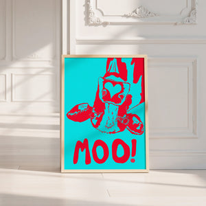 The Judy's Moo Cassette (blue and red) music wall art print by Betsy Crum — neutral frame room mockup