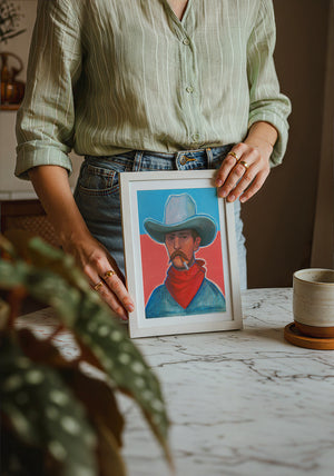 Red Hair Jack cowboy art print by Caya Crum — neutral frame room mockup