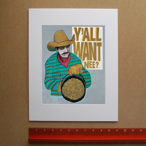Cowboy mac and cheese print by Caya Crum, hand-signed vertical print