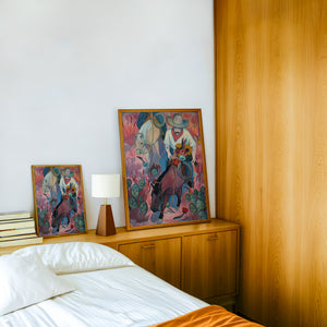 Flowers Desert Romance cowboy art print by Caya Crum — framed in a wood-accent room