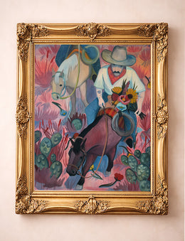 Cowboy with flowers desert romance print by Caya Crum in a gold frame