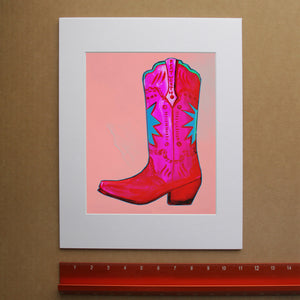 Fort Worth pink cowboy boot print by Caya Crum, hand-signed vertical print
