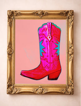 Fort Worth pink cowboy boot print by Caya Crum in a gold frame