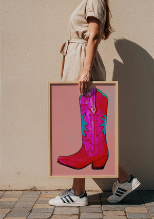 Fort Worth Pink Boot cowboy boot art print by Caya Crum — framed with velvet mat