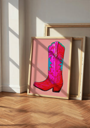 Fort Worth Pink Boot cowboy boot art print by Caya Crum — neutral frame room mockup