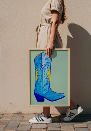 Fort Worth Boot Blue cowboy boot art print by Caya Crum — framed with velvet mat