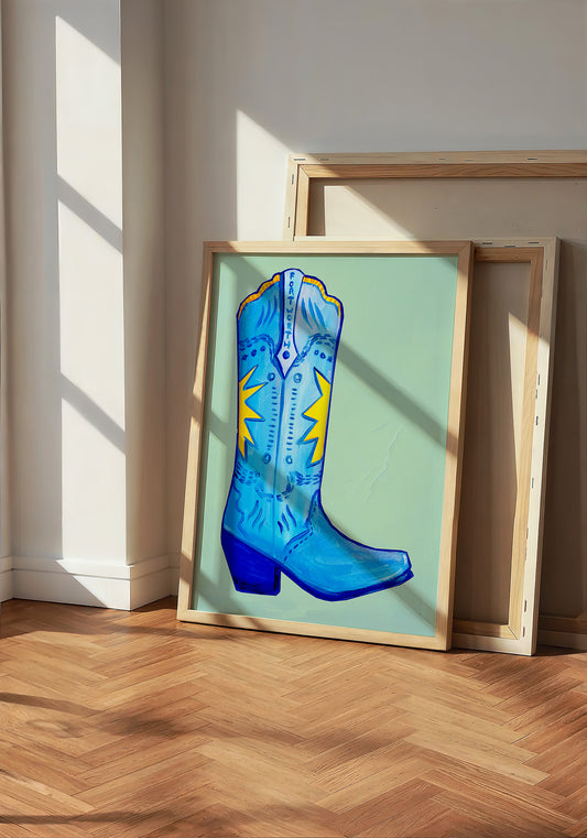 Fort Worth Boot Blue cowboy boot art print by Caya Crum — neutral frame room mockup