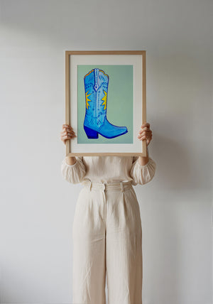 Fort Worth Boot Blue cowboy boot art print by Caya Crum — framed with velvet mat
