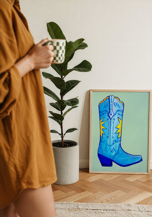 Fort Worth Boot Blue cowboy boot art print by Caya Crum — framed with velvet mat