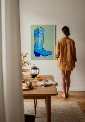 Fort Worth Boot Blue cowboy boot art print by Caya Crum — framed with velvet mat