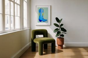 Fort Worth Boot Blue cowboy boot art print by Caya Crum — framed with velvet mat