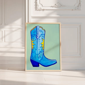 Fort Worth Boot Blue cowboy boot art print by Caya Crum — neutral frame room mockup