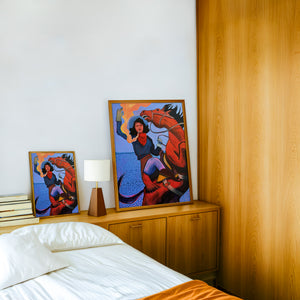 Mildred Bucking Horse cowgirl art print by Caya Crum — framed in a wood-accent room