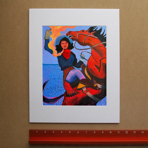 Mildred bucking horse cowgirl print by Caya Crum, hand-signed vertical print