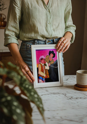 The Cowboy Gaze cowboy art print by Caya Crum — neutral frame room mockup