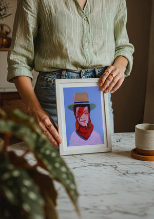Cowboy Bowie music wall art print by Caya Crum — neutral frame room mockup