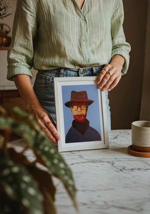 Clyde cowboy art print by Caya Crum — neutral frame room mockup
