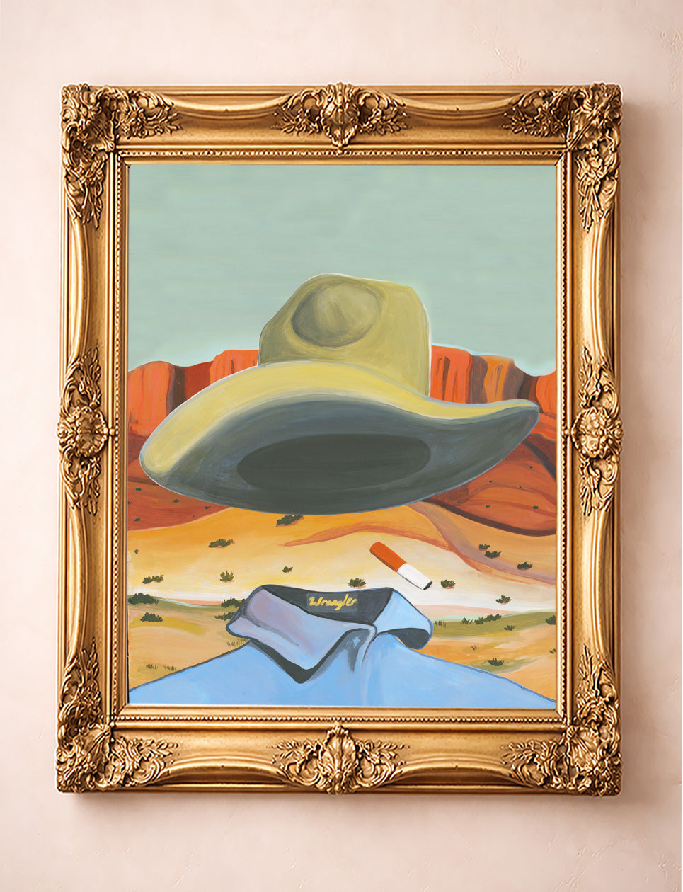 Ghost Cowboy faceless western art print by Caya Crum in a gold frame