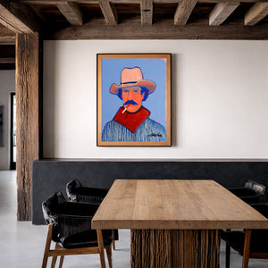 Smoking cowboy print by Caya Crum framed in a rustic room with wood beams