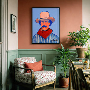 Clyde cowboy art print by Caya Crum framed in a soft neutral corner