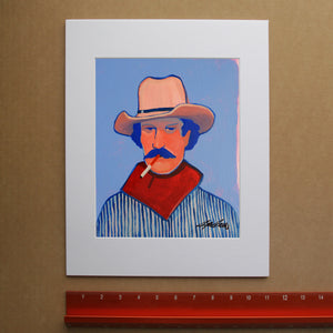 Clyde smoking cowboy art print by Caya Crum, hand-signed vertical fine art print