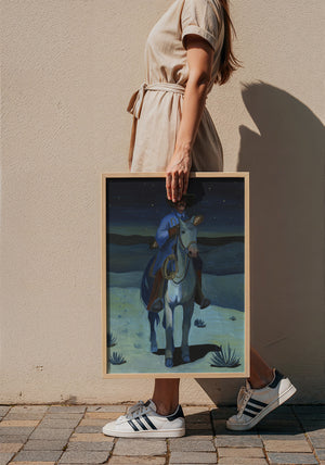 Cowboy with a Baguette at Night cowboy art print by Caya Crum — framed with velvet mat