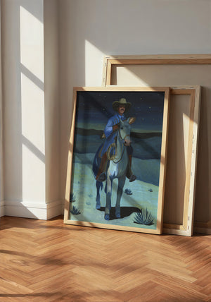 Cowboy with a Baguette at Night cowboy art print by Caya Crum — neutral frame room mockup