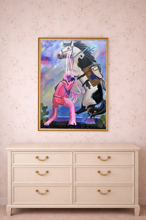 Cowgirl Bronc Buster Girl shown framed by Crum Art