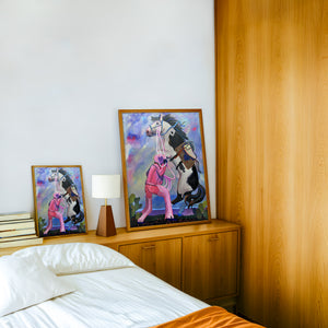 Martha cowgirl art print by Caya Crum — framed in a wood-accent room
