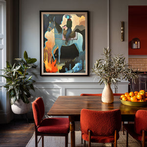 Cowgirl wall art print Missy Night Ride by Caya Crum in a dining room