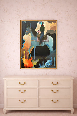 Cowgirl wall art print Missy Night Ride by Caya Crum above a dresser