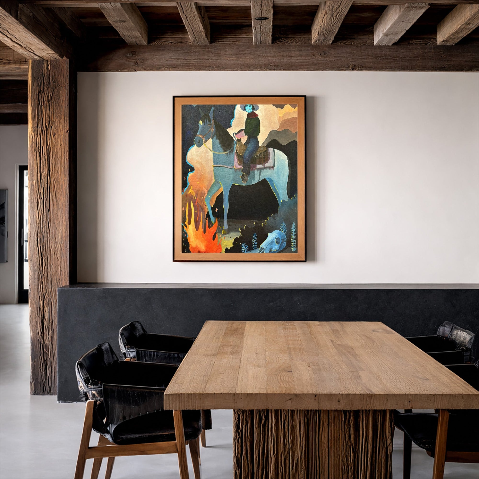 Cowgirl wall art print Missy Night Ride by Caya Crum in a rustic room with wood beams