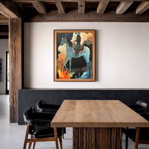 Cowgirl With Fire shown framed by Crum Art