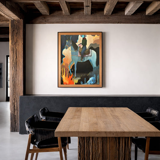 Cowgirl wall art print Missy Night Ride by Caya Crum in a rustic room with wood beams