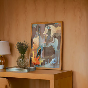 Missy Night Ride horse art print by Caya Crum — framed in a wood-accent room