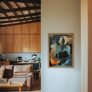 Missy Night Ride horse art print by Caya Crum — framed in a wood-accent room