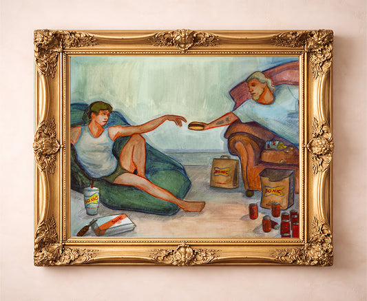 Creation of Sonic weirdcore art print by Caya Crum — in a gold frame