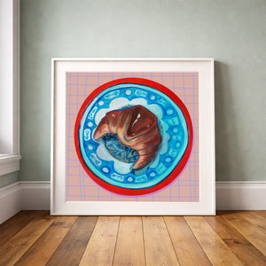 Croissant on a Chinoiserie Plate print standing upright against a grey-green wall