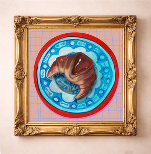 Croissant on a Chinoiserie Plate art print in a square gold frame by Caya Crum