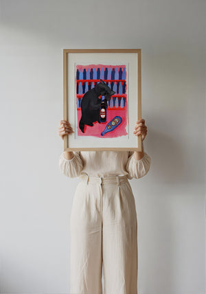 Neon Raccoon Dr Pepper art print by Caya Crum — framed with velvet mat